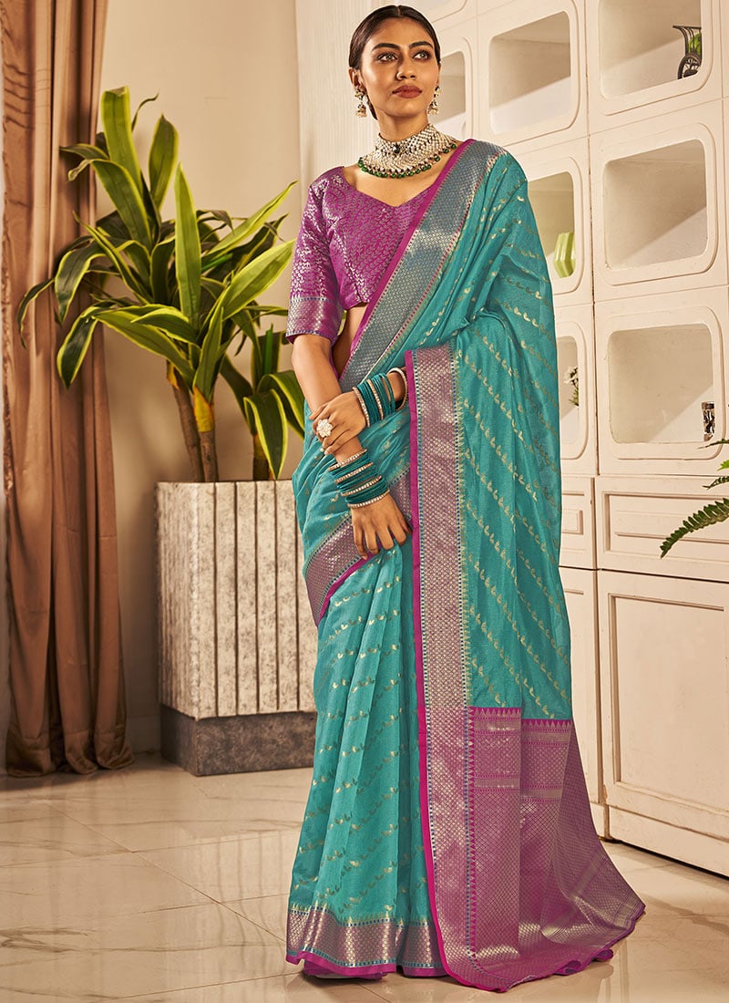 Turquoise Art Silk Banarasi Saree Festive Wear-SAMKNS172005