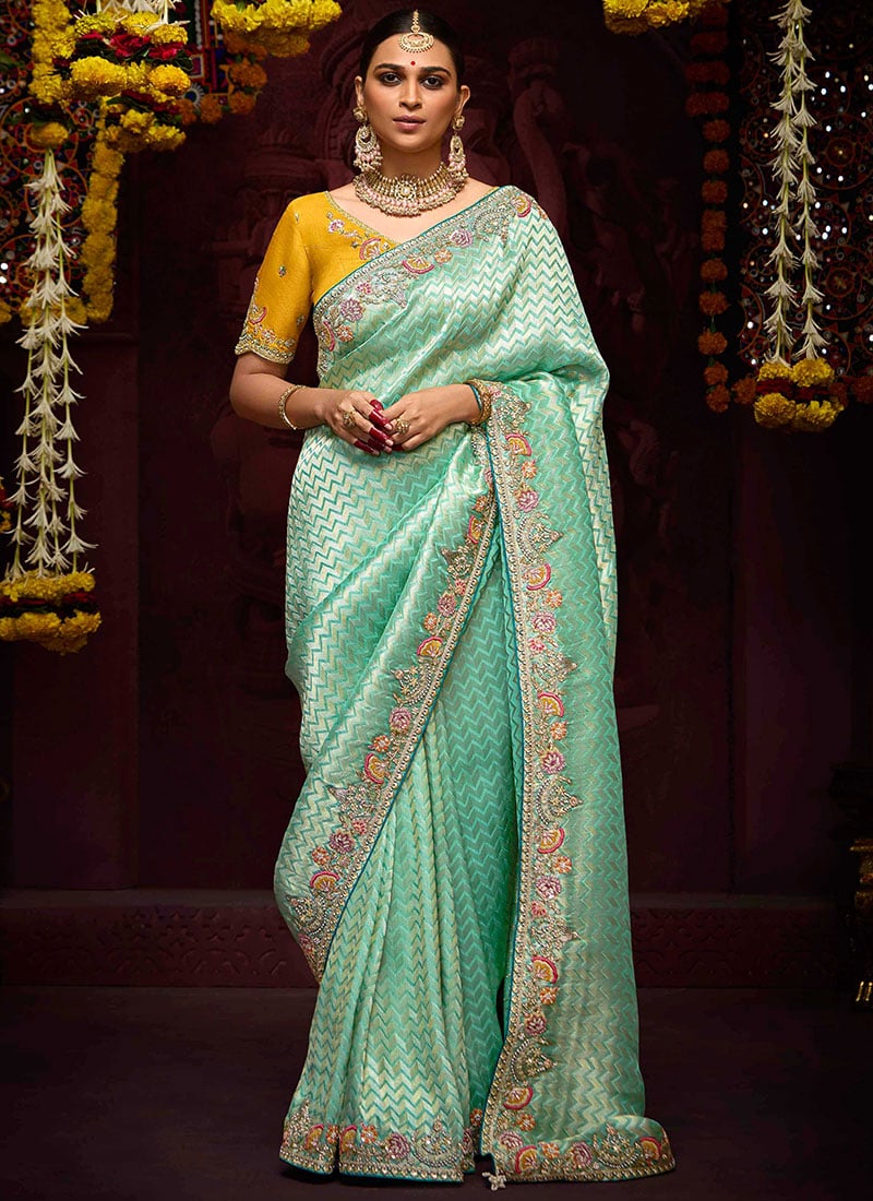 Turquoise Banarasi Silk Embroidered And Sequins Beads Thread Work Saree Wedding Wear