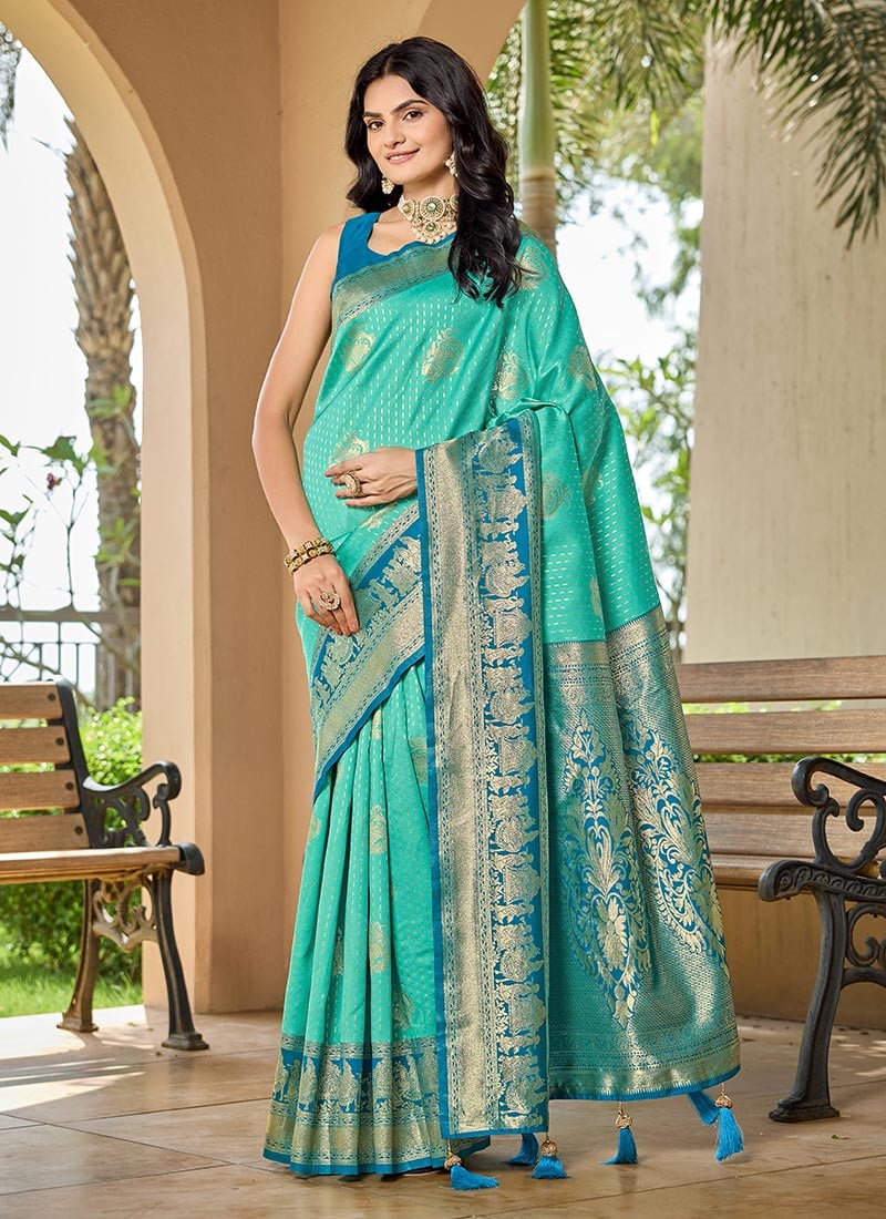 Turquoise Banarasi Silk Jacquard Woven Saree Festive Wear