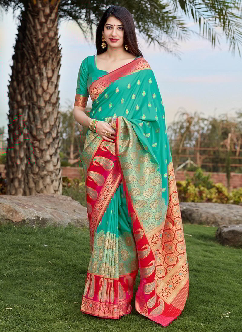 Turquoise Banarasi Silk Weaving Saree