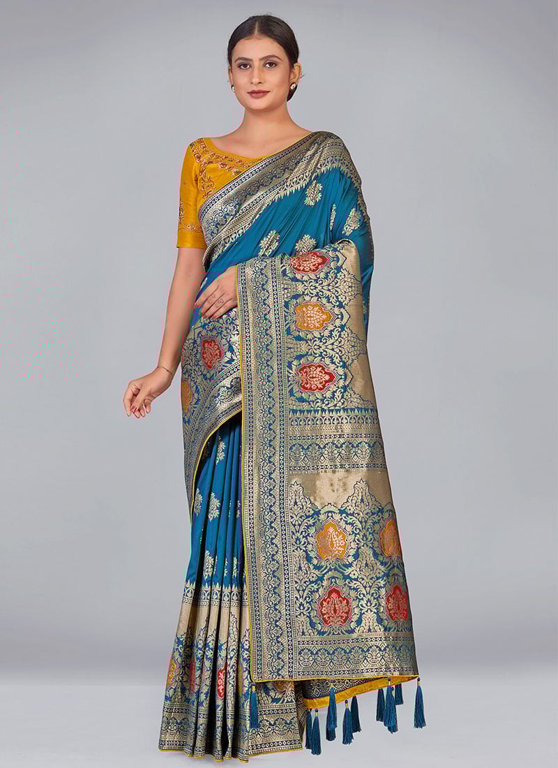 Turquoise Banarasi Silk Zari Woven Embroidered Saree Festive Wear