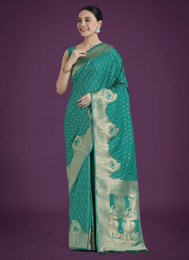 Turquoise Banarasi Silk Zari Woven Saree Festive Wear