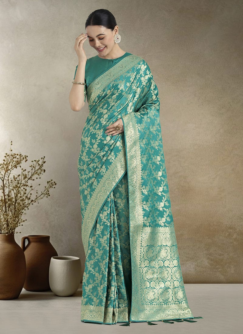Turquoise Banarasi Silk Zari Woven Saree Festive Wear