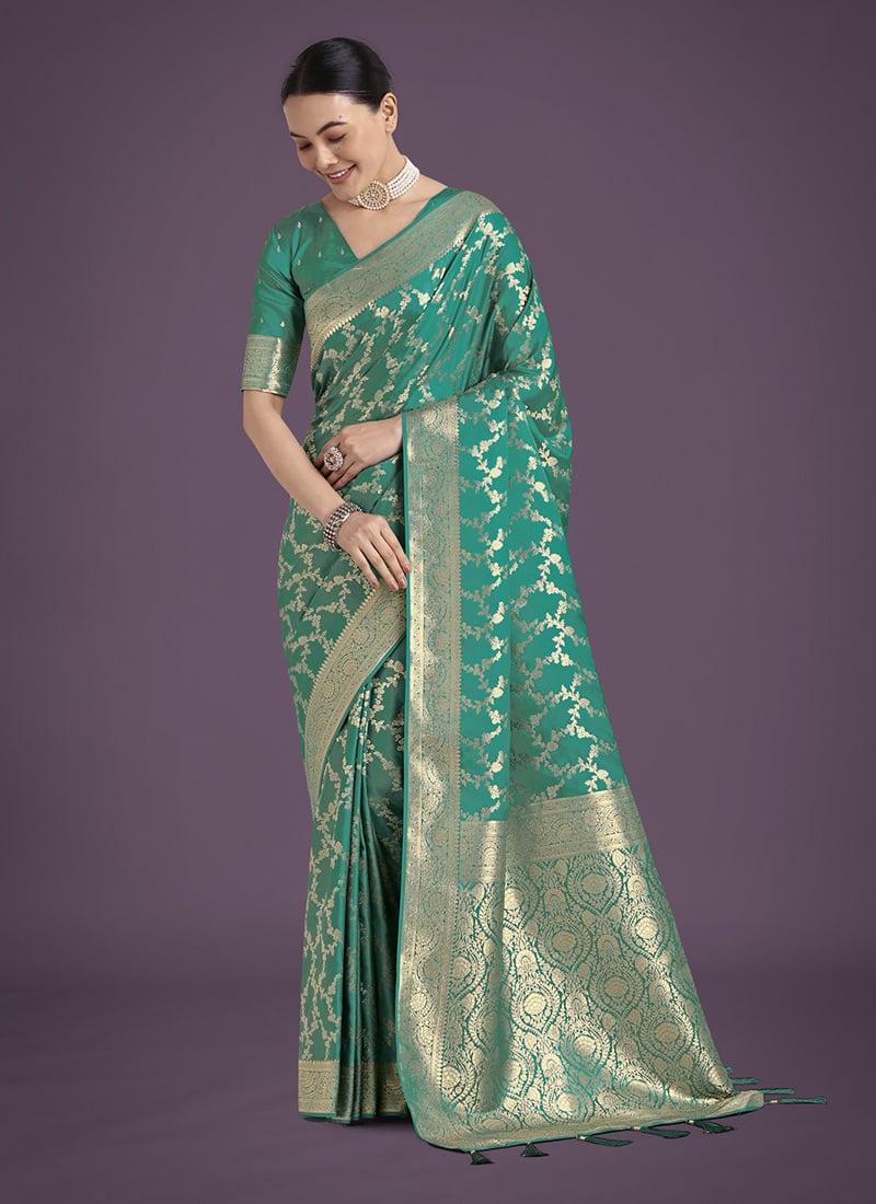 Turquoise Banarasi Silk Zari Woven Saree Festive Wear