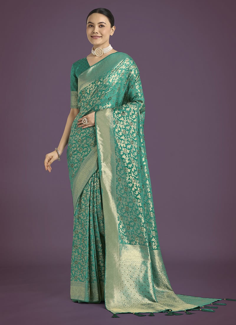 Turquoise Banarasi Silk Zari Woven Saree Festive Wear