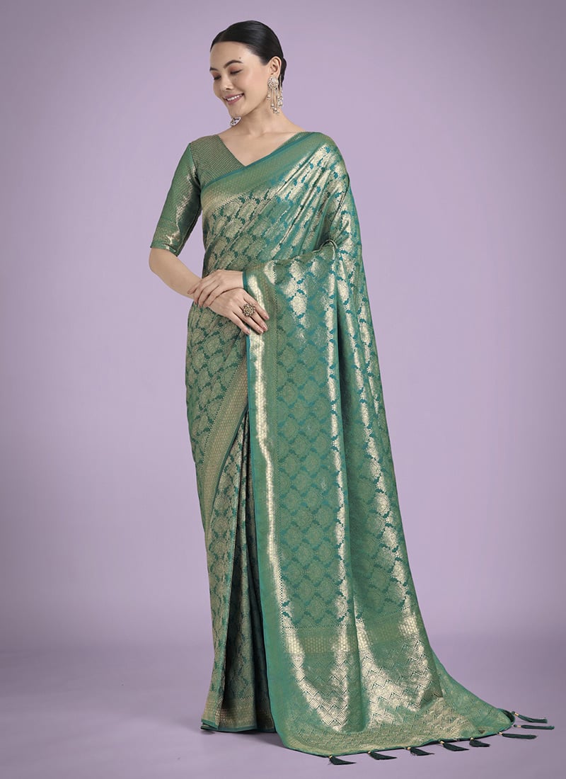 Turquoise Banarasi Silk Zari Woven Saree Festive Wear
