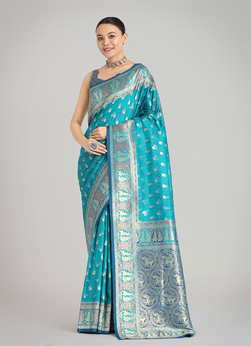 Turquoise Banarasi Silk Zari Woven Saree Festive Wear