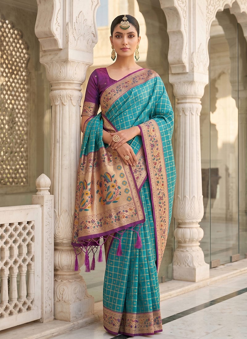 Turquoise Banrasi Silk Zari Woven Saree Festive Wear