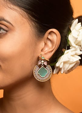 Turquoise Bird Motif Kundan Dangler Earrings