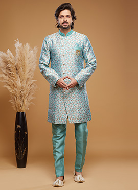 Turquoise Blue Art Silk Jacquard Classic Sherwani