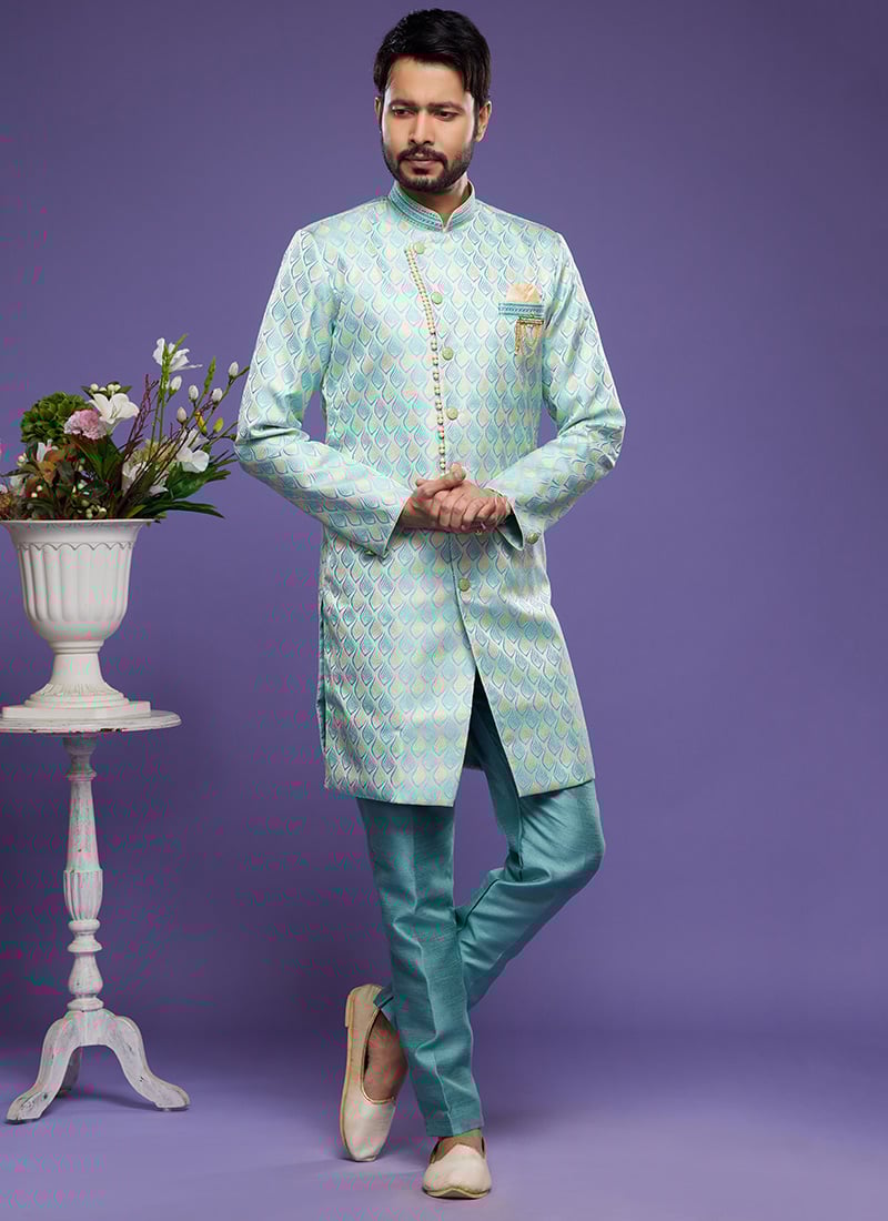 Turquoise Blue Art Silk Jacquard Indowestern Sherwani Party Wear