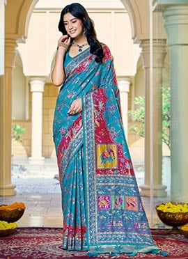 Turquoise Blue Banarasi Satin Silk Radiant Zari Woven Saree