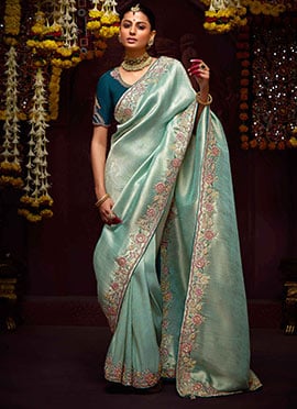 Turquoise Blue Banarasi Silk Embroidered And Sequins Beads Thread Work Saree