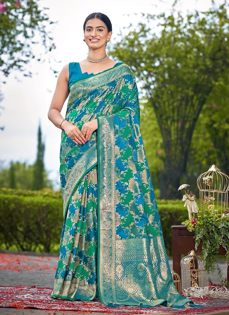 Turquoise Blue Banarasi Silk Jacquard Benarasi Saree Festive Wear