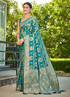 Turquoise Blue Banarasi Silk Jacquard Benarasi Saree