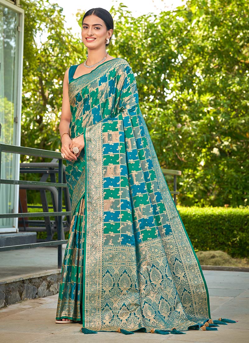 Turquoise Blue Banarasi Silk Jacquard Benarasi Saree Festive Wear