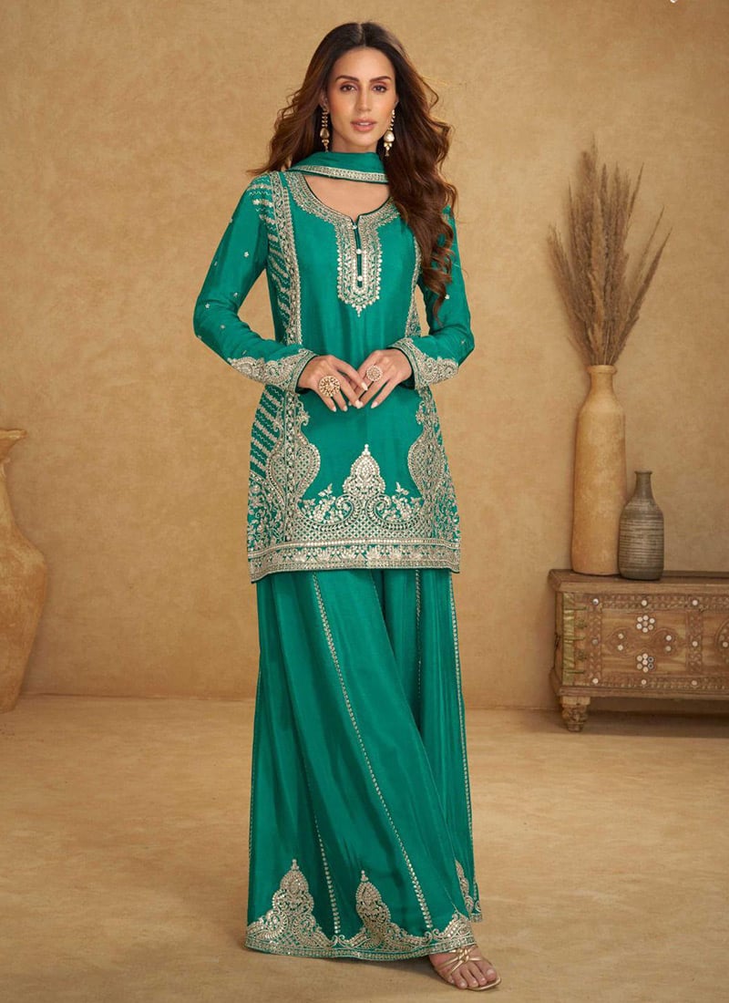 Turquoise Blue Chinon Embroidered Sequins Mirror Work Beads Palazzo Suit Festive Wear