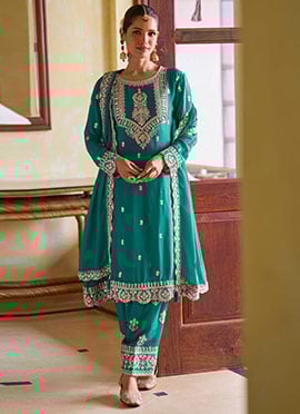 Turquoise Blue Chinon Embroidered Stones Mirror Work Straight Pant Suit