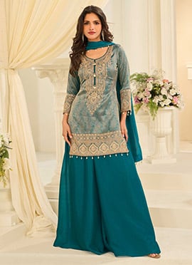 Turquoise Blue Chinon Silk Jacquard Embroidered Sequins With Stone Work Palazzo Suit