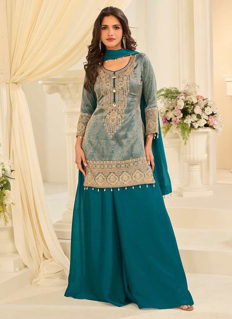 Turquoise Blue Chinon Silk Jacquard Embroidered Sequins With Stone Work Palazzo Suit Festive Wear