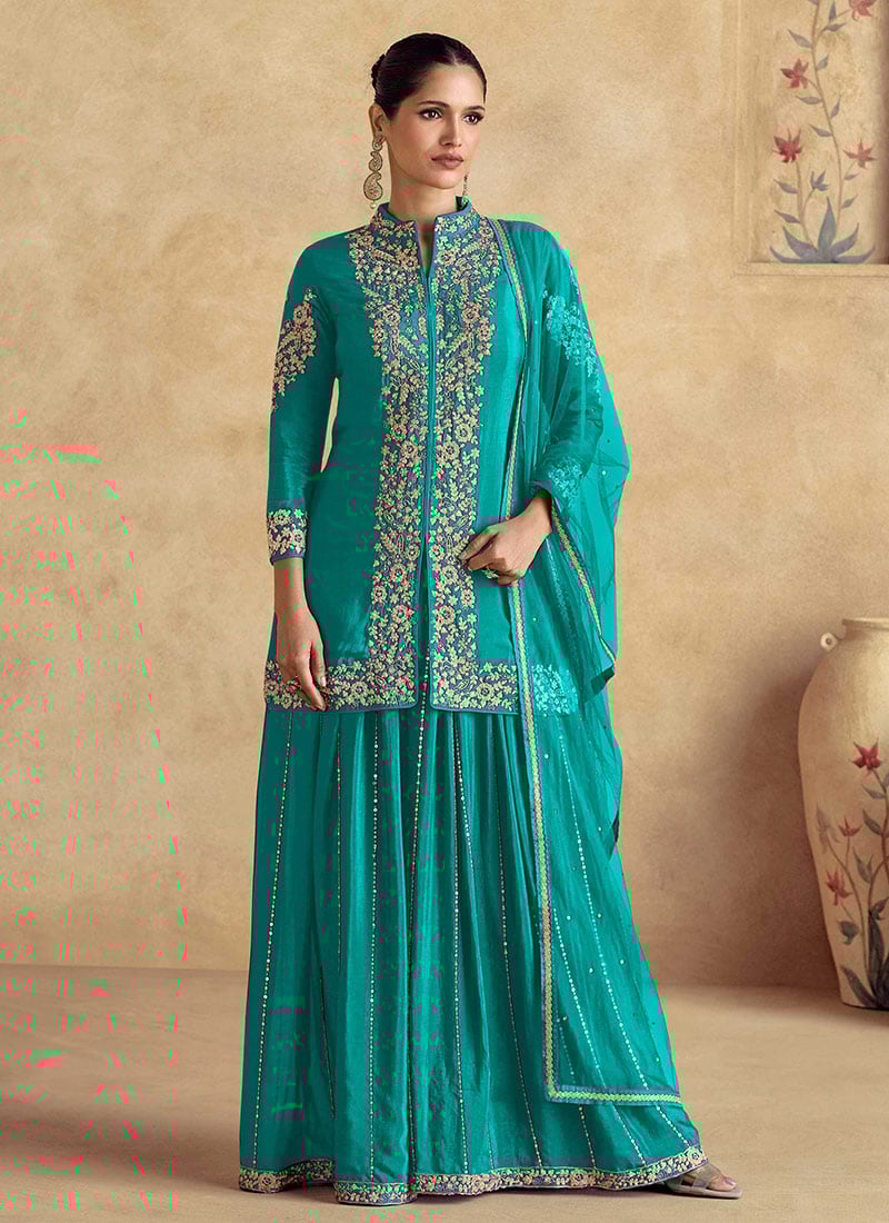 Turquoise Blue Chinon Silk Stones Embroidered Sequins Stunning Palazzo Suit Festive Wear