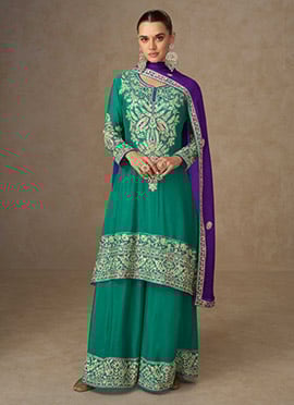 Turquoise Blue Chinon Zari Embroidered Sequins Palazzo Suit Festive Wear