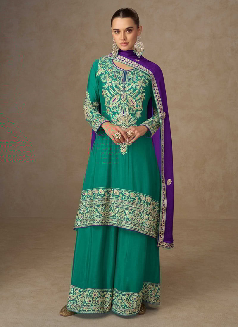 Turquoise Blue Chinon Zari Embroidered Sequins Palazzo Suit Festive Wear