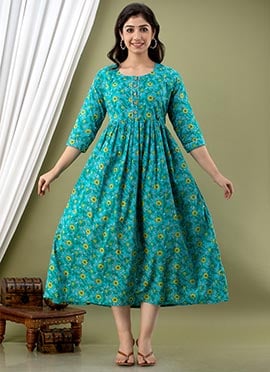 Turquoise Blue Cotton Printed Dress
