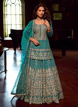 Turquoise Blue Georgette Embroidered Sequins Stones Beads Mirror Work A Line Lehenga