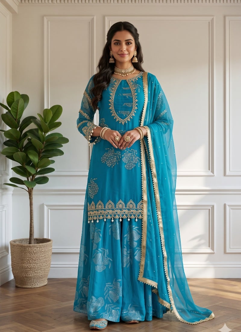 Turquoise Blue Georgette Sequins Embroidered Palazzo Suit After Six Wear