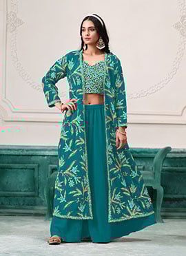 Turquoise Blue Georgette Zari Embroidered Sequins Indowestern Jacket Palazzo Set