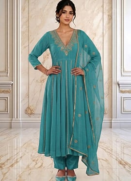 Turquoise Blue Georgette Zari Sequins Anarkali Suit