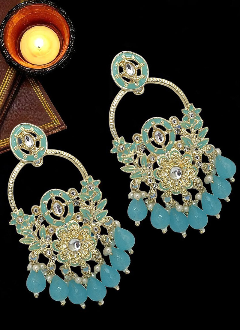 Turquoise Blue Meenakari Beads Kundan And Moti Adorned Chaand Bali Festive Wear