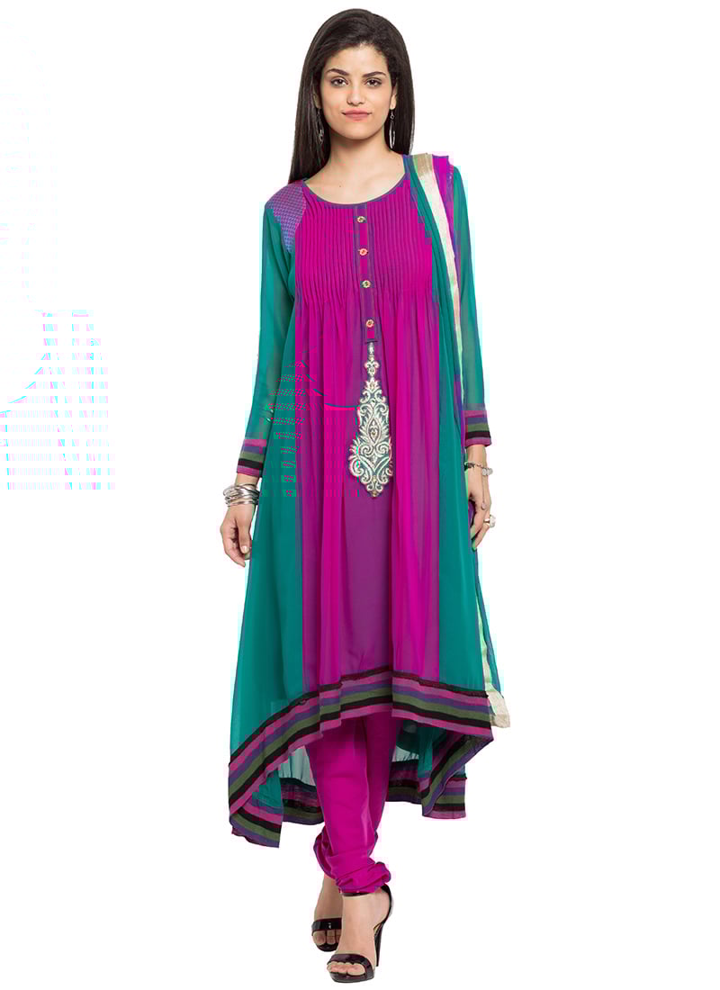 Green N Pink Georgette Churidar Suit Party Wear