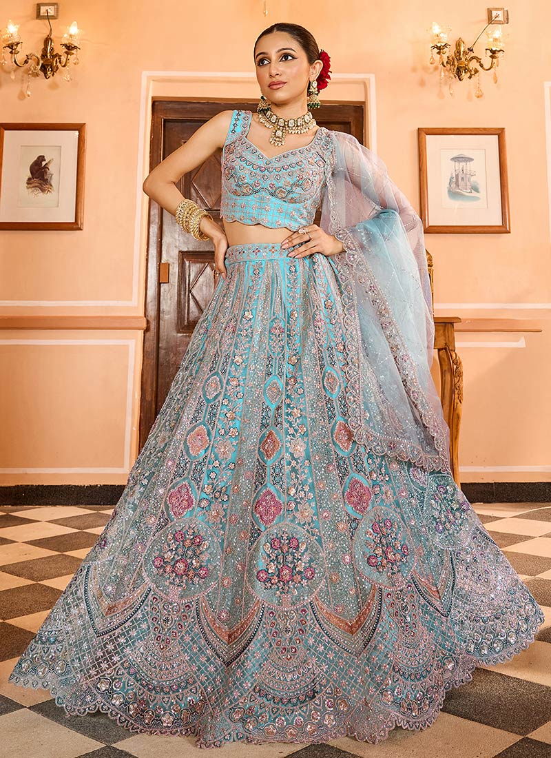 Turquoise Blue Net Sequins Zari Embroidered With Stone Work  Lehenga Wedding Wear
