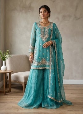 Turquoise Blue Sequins Embroidered Silk Palazzo Suit