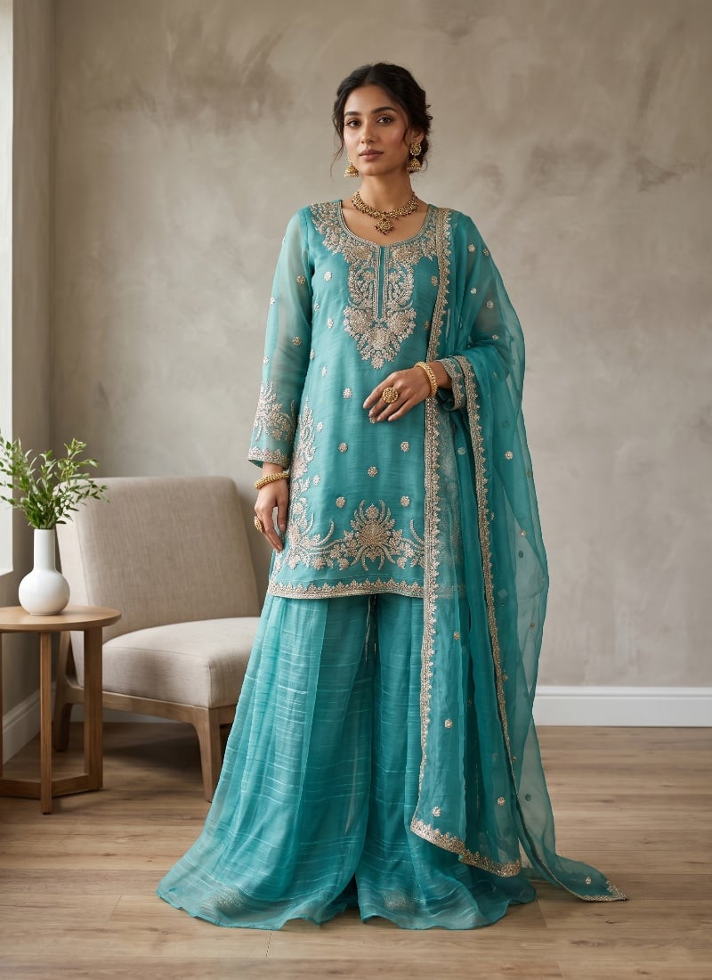 Turquoise Blue Sequins Embroidered Silk Palazzo Suit After Six Wear