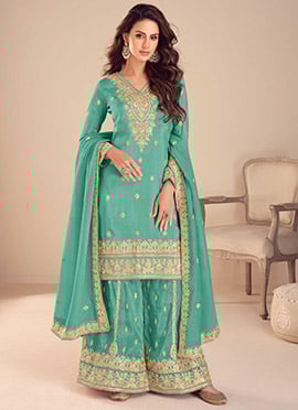 Turquoise Blue Shimmer Silk Embroidered Sequins Palazzo Suit