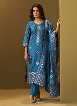 Turquoise Blue Silk Jacquard Straight Pant Suit