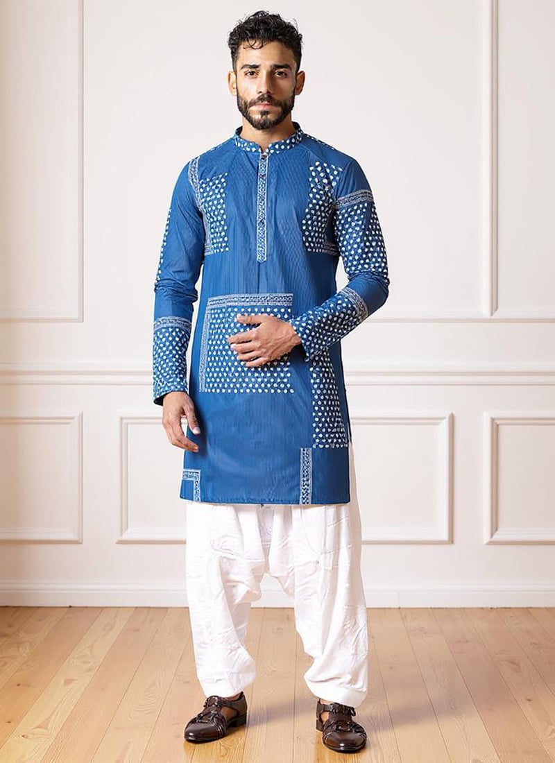 Turquoise Blue Silk Printed Embroidered Kurta Pyjama Festive Wear