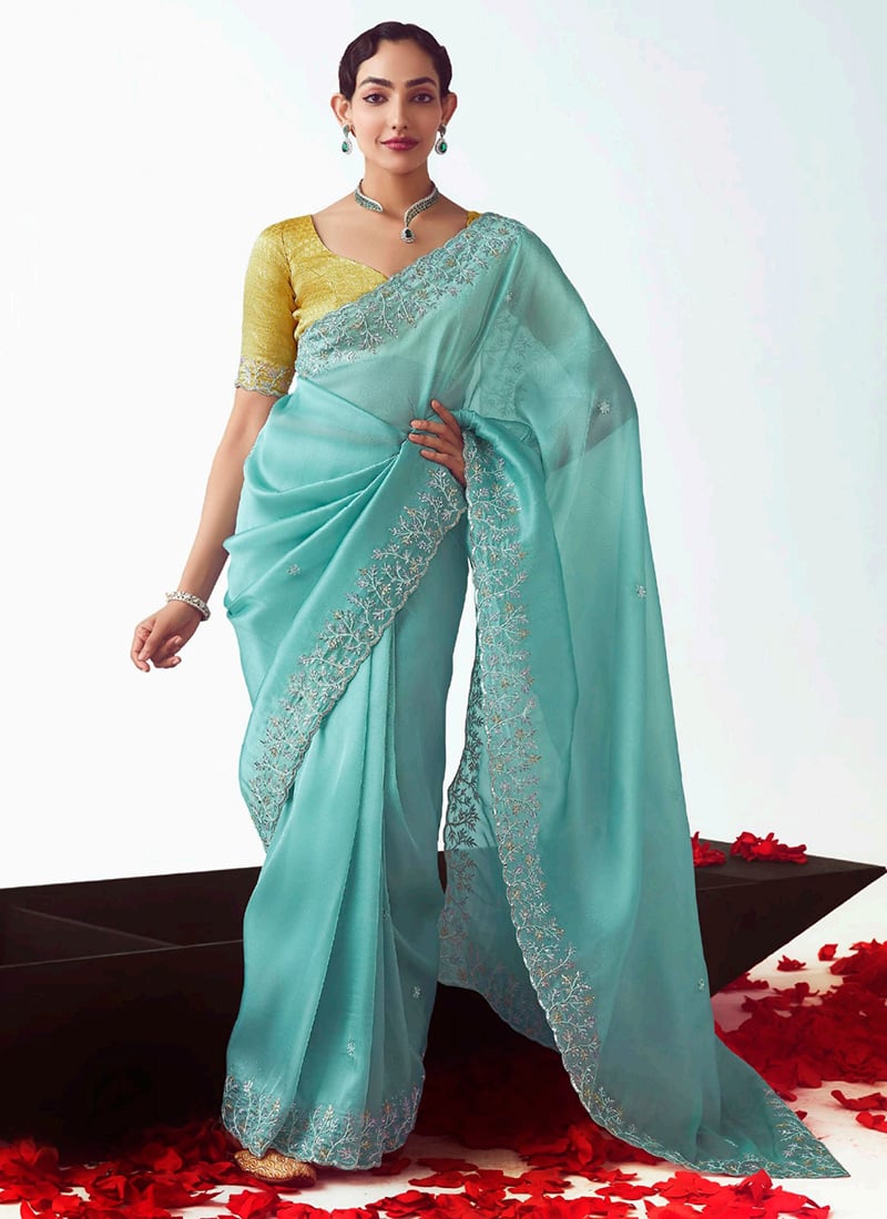Turquoise Blue Tissue Embroidered Sequins Saree