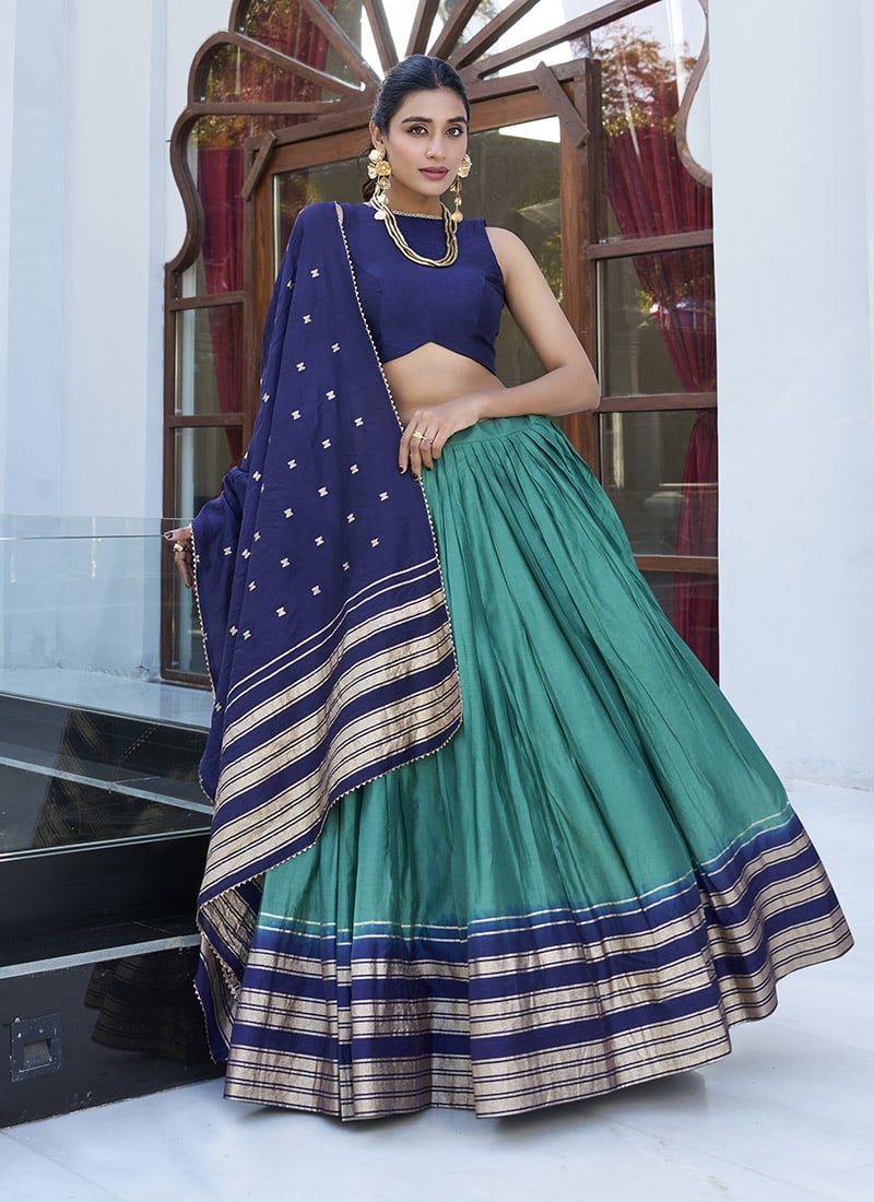 Turquoise Chanderi Silk Zari Work Lehenga Festive Wear