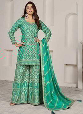 Turquoise Chinon Embroidered And Mirror Work Pakistani Palazzo Suit