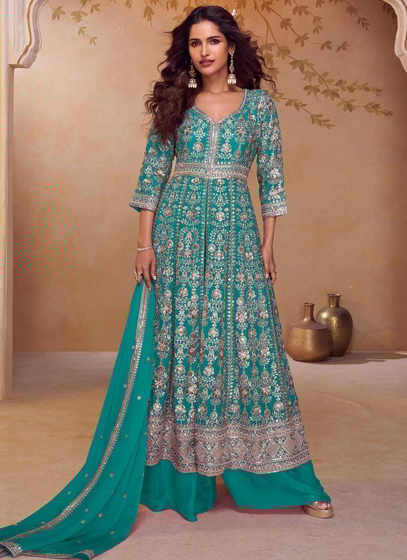 Turquoise Chinon Embroidered Sequin High Slit Anarkali Suit Wedding Wear