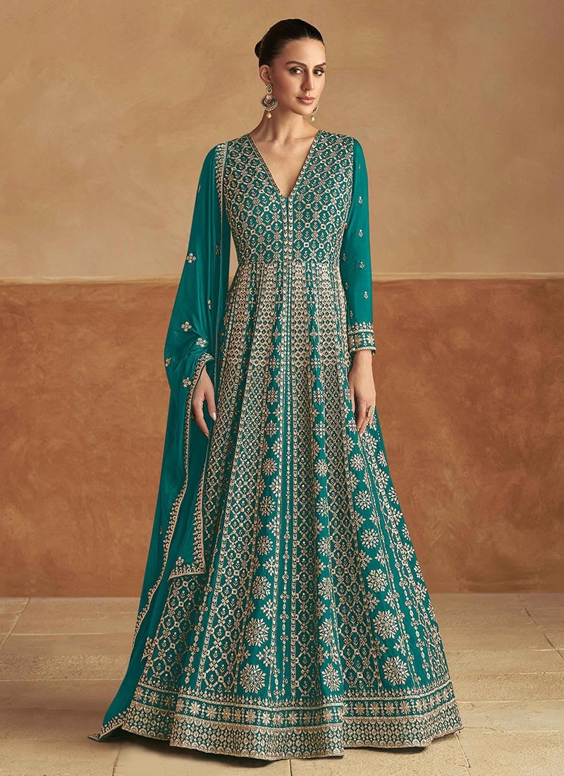 Turquoise Chinon Embroidered Sequins A Line Anarkali Suit Wedding Wear