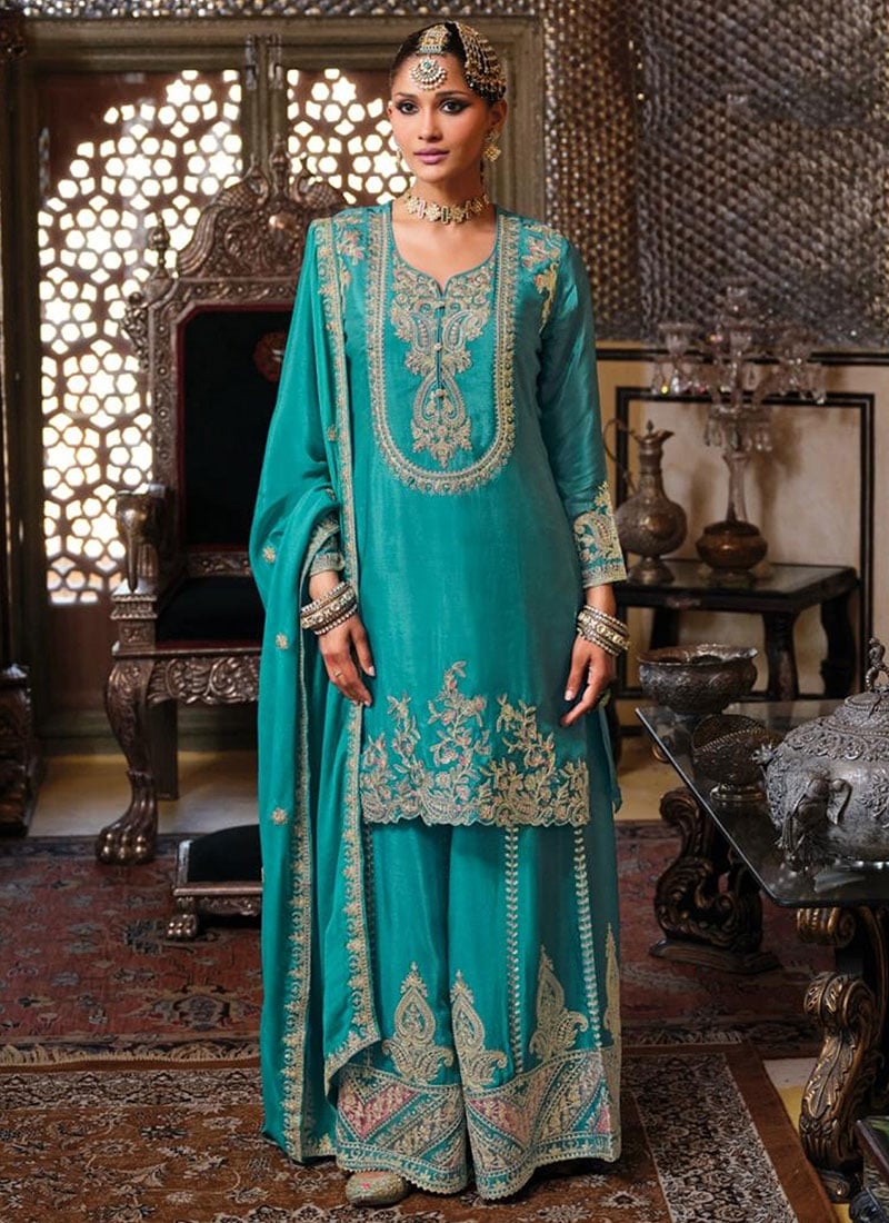 Turquoise Chinon Embroidered Sequins Mirror Work Palazzo Suit Festive Wear