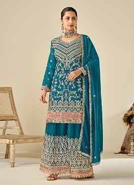 Turquoise Chinon Embroidered Sequins Pakistani Palazzo Suit
