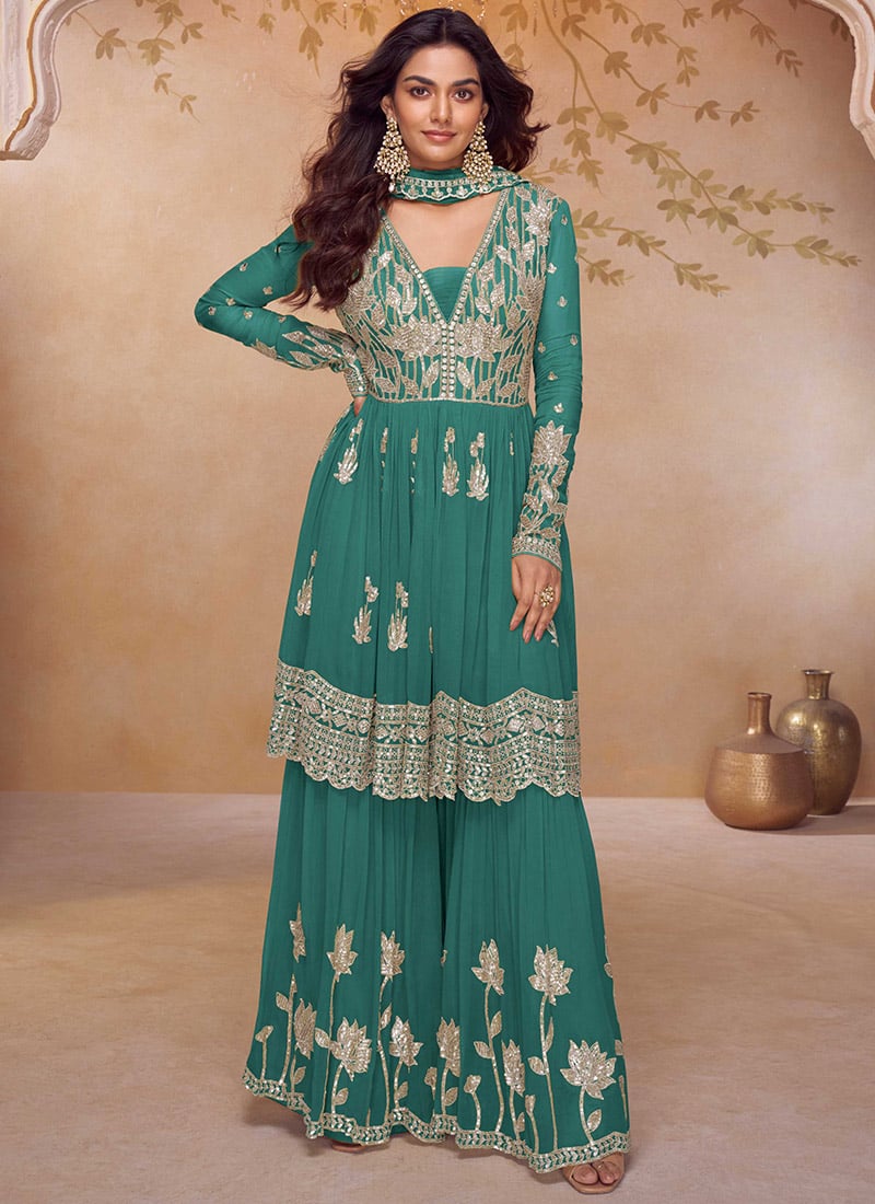 Turquoise Chinon Embroidered Sequins Short Anarkali Kurta Palazzo Suit Festive Wear