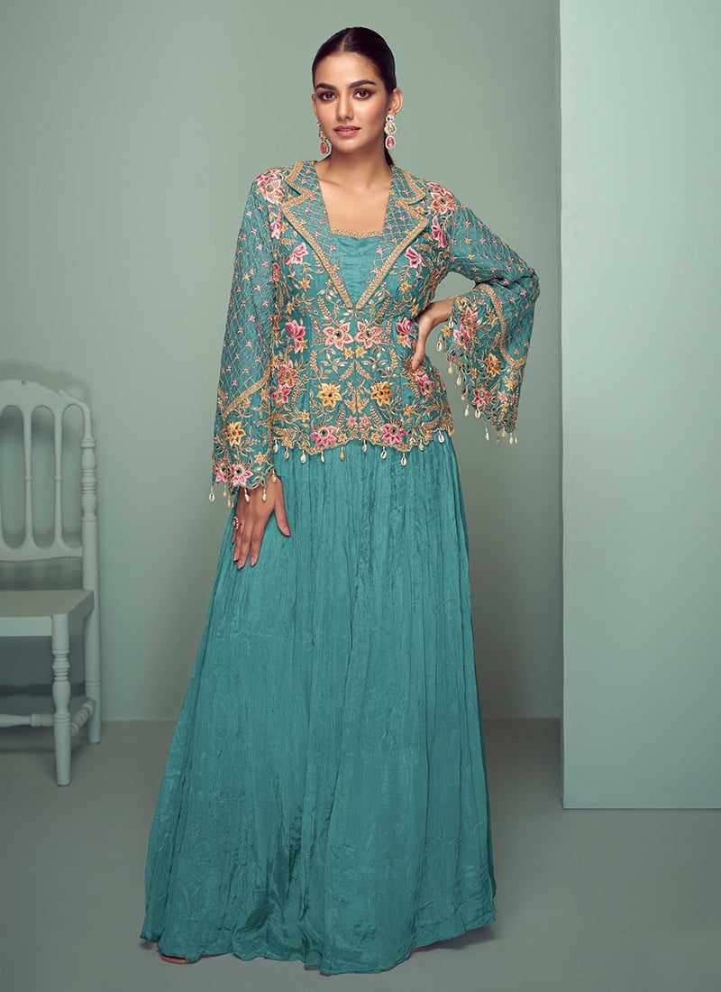Turquoise Chinon Embroidered Sequins With Stone And Mirror Work Indowestern Skirt Set