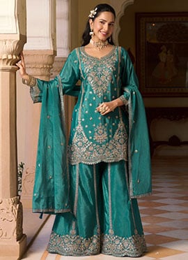 Turquoise Chinon Embroidered Sequins With Stone Work Palazzo Suit